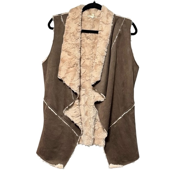 Double Zero Vegan Suede Faux Fur Chocolate Brown Open Front Cardigan Vest - Picture 2 of 11